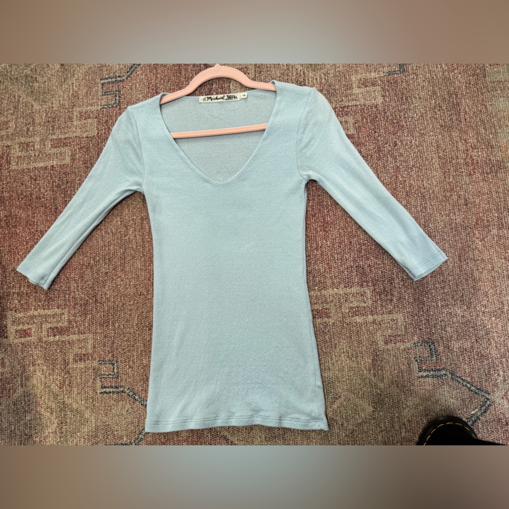 Micheal Stars vintage The original tee v neck 3/4 sleeve one size light blue - Picture 2 of 10